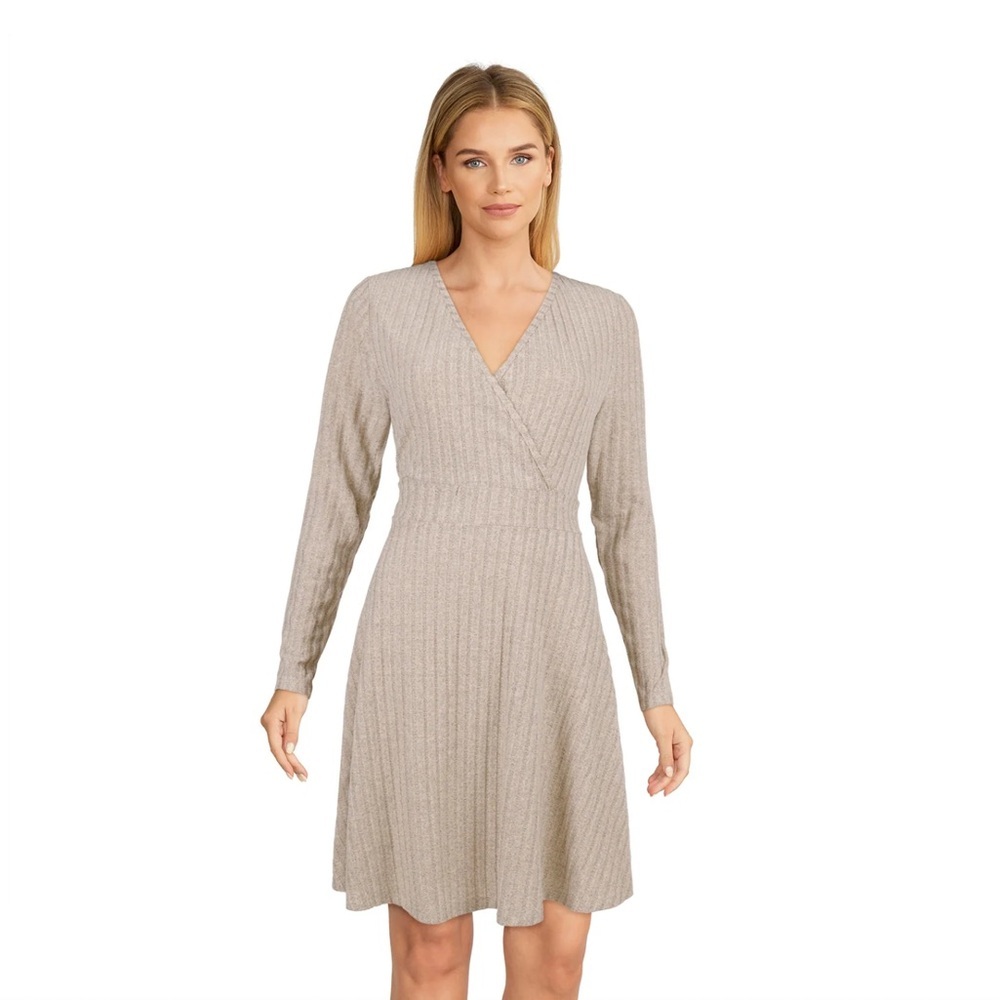Long Sleeve V-Neck Knit Wrap Dress in Light Taupe